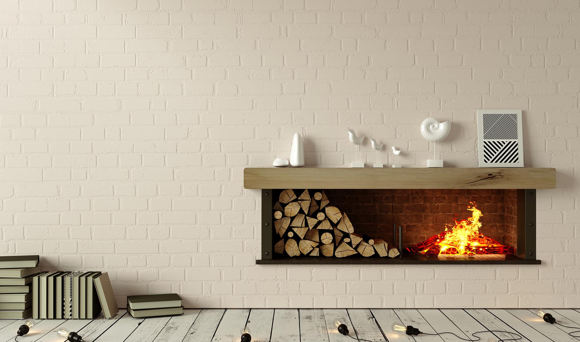 Loft interior fireplace and decor on old wall